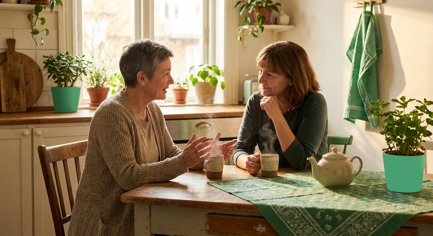 Two women with neuropathy connecting over tea — illustrating the importance of community and emotional support