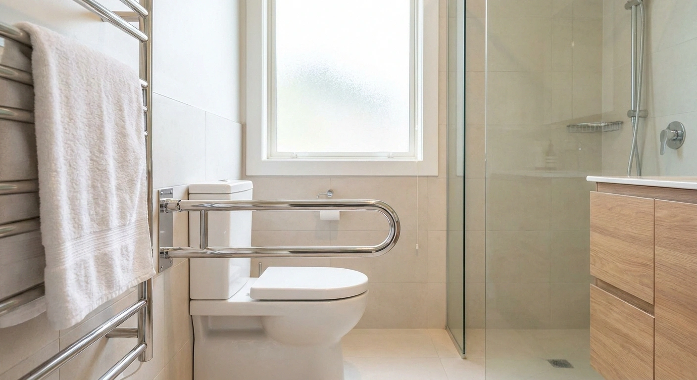 Grab bar installed in bathroom for neuropathy fall prevention — a critical home safety modification