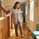 Woman carefully navigating stairs at home, hand on bannister — illustrating proprioception loss and balance challenges from neuropathy