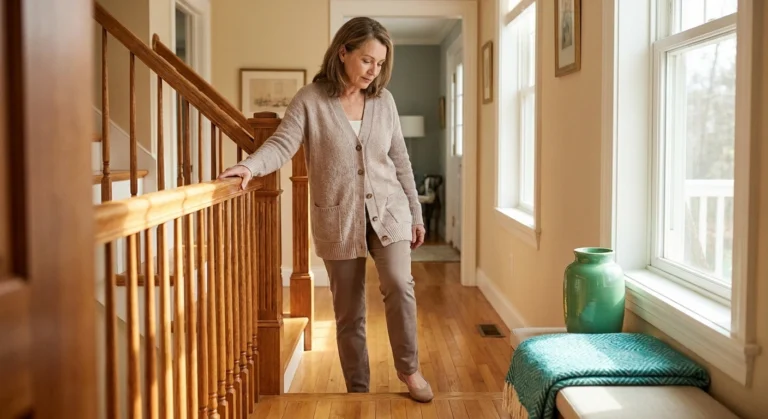 Woman carefully navigating stairs at home, hand on bannister — illustrating proprioception loss and balance challenges from neuropathy