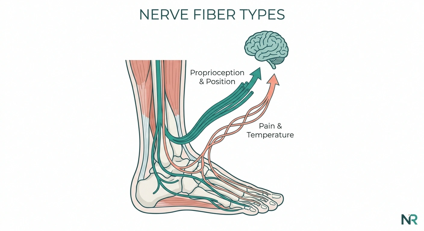 Diagram showing large-fiber and small-fiber nerve pathways in neuropathy — proprioception travels through large fibers