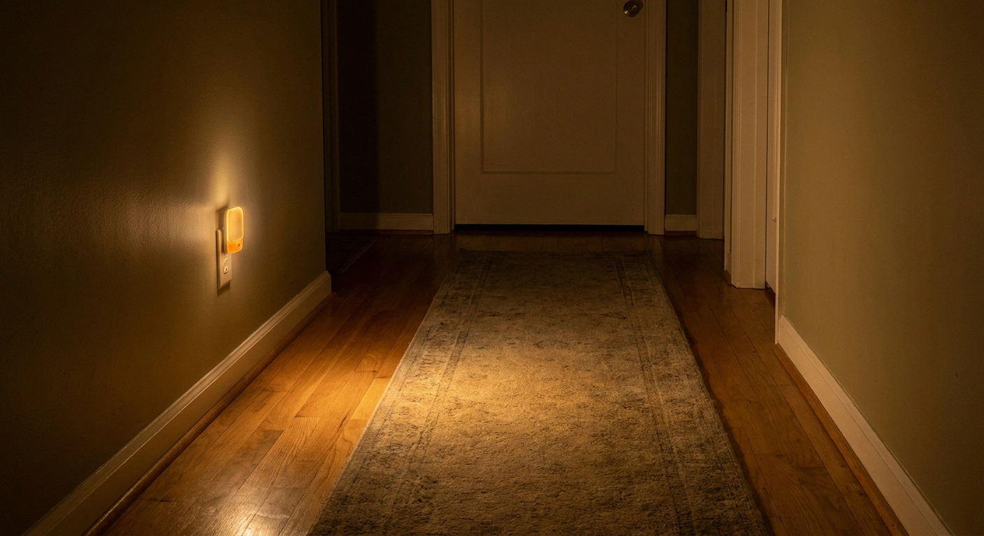 Night light in hallway for neuropathy safety — reducing fall risk during nighttime bathroom trips