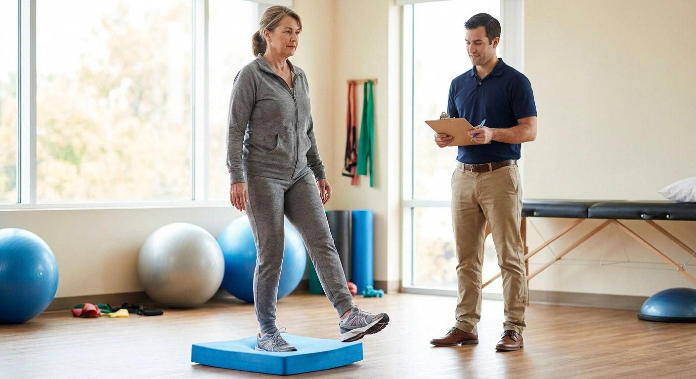 Neuropathy patient doing balance training on foam pad with physical therapist — proprioception rehabilitation