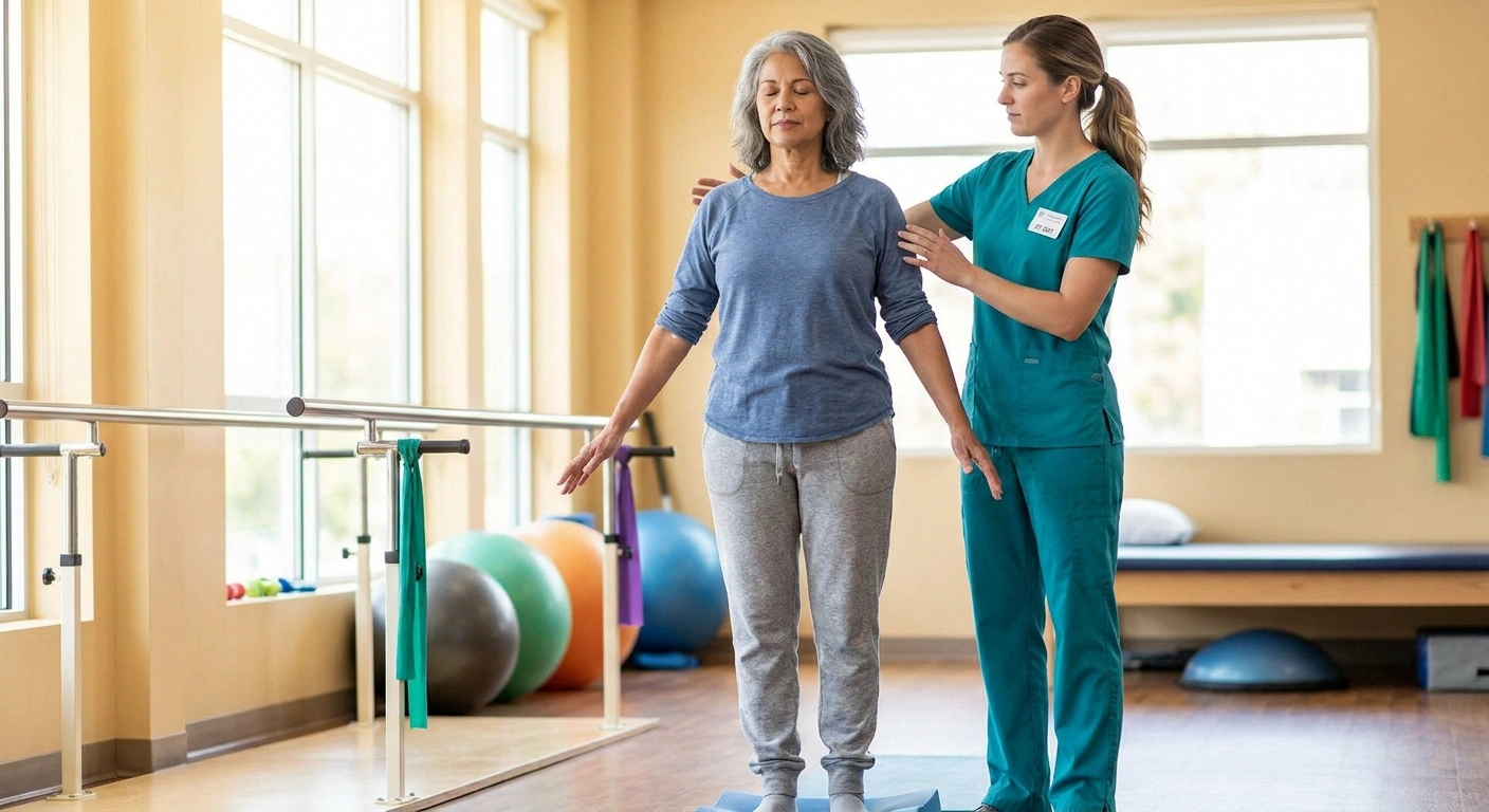 Physical therapist supervising a balance test for neuropathy patient — illustrating the Romberg sign assessment
