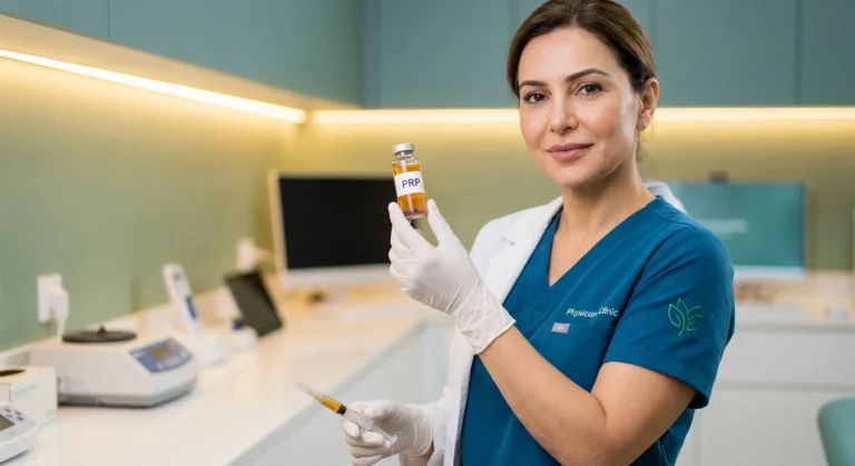 Medical professional holding platelet-rich plasma PRP vial for neuropathy nerve pain treatment