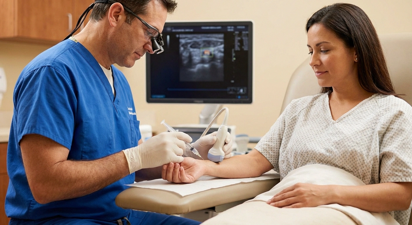 Physician performing ultrasound-guided PRP injection near nerve for peripheral neuropathy treatment
