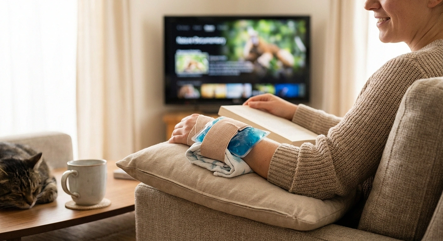 Patient icing hand at home after PRP injection for neuropathy pain recovery period