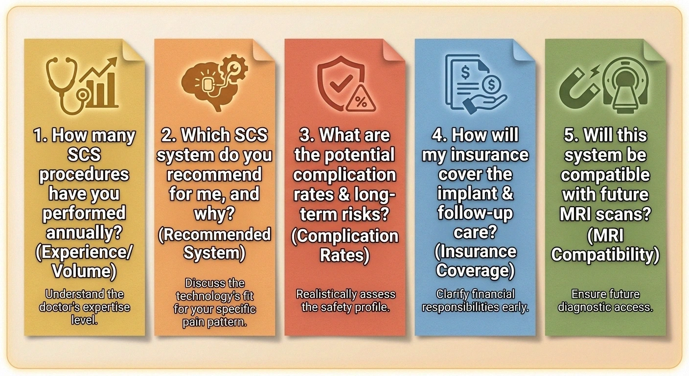 Five essential questions to ask your doctor before deciding on spinal cord stimulation for neuropathy including experience, recommended system, complication rates, insurance, and MRI compatibility