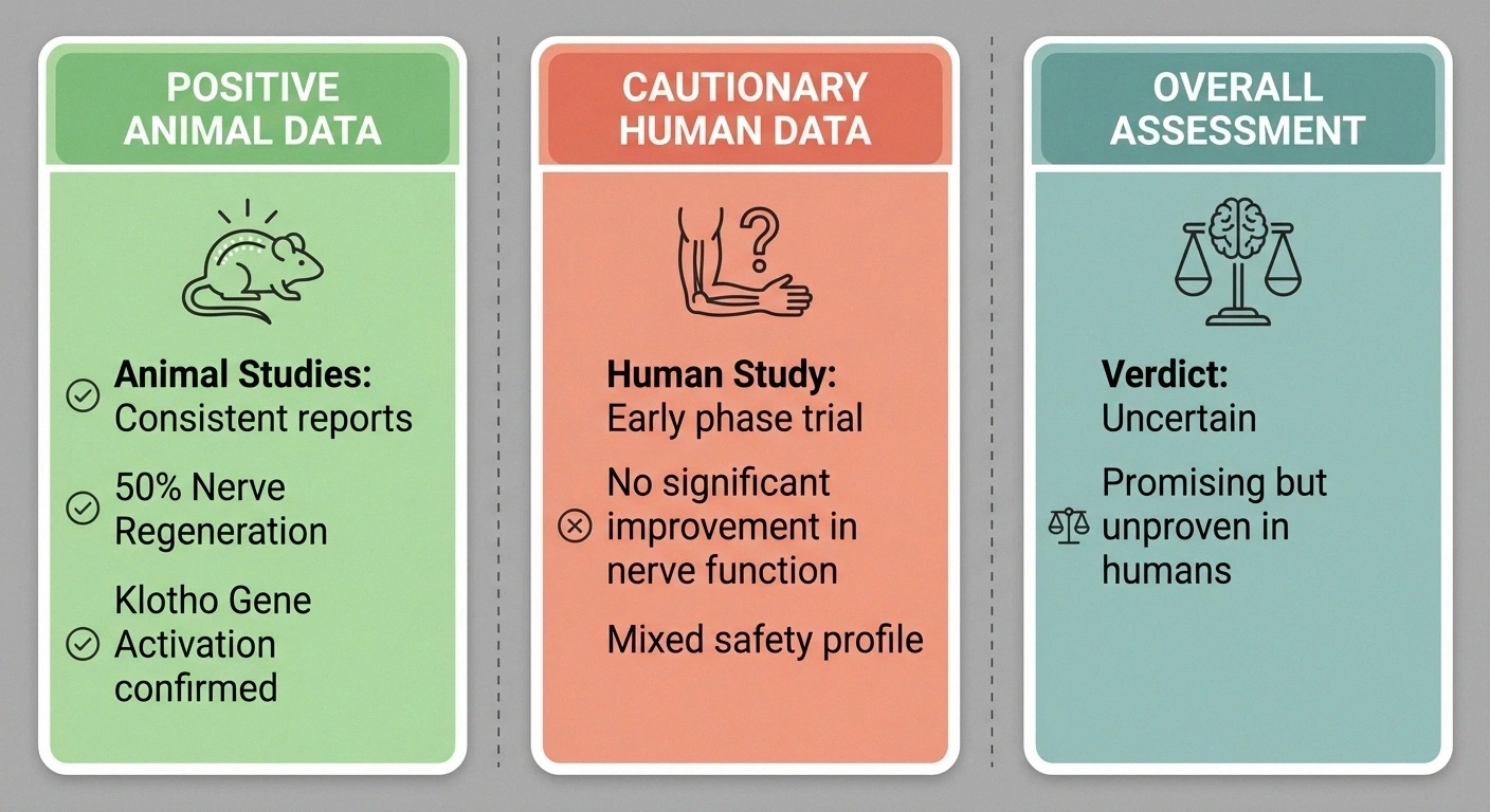Evidence scorecard for intermittent fasting and neuropathy showing positive animal studies, one negative human study, and an overall verdict of promising but unproven in humans