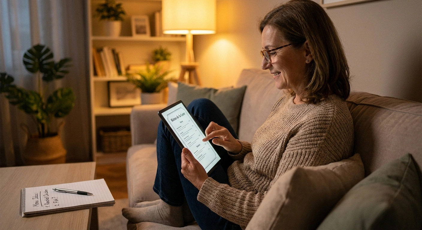Woman with neuropathy reviewing restaurant menu online before dining out to plan healthy choices