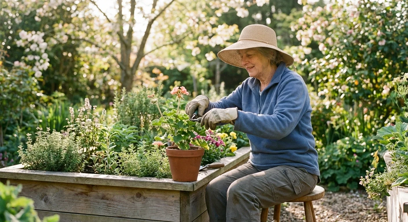 Older woman tending to a raised garden bed, demonstrating adapted retirement activities for living with neuropathy