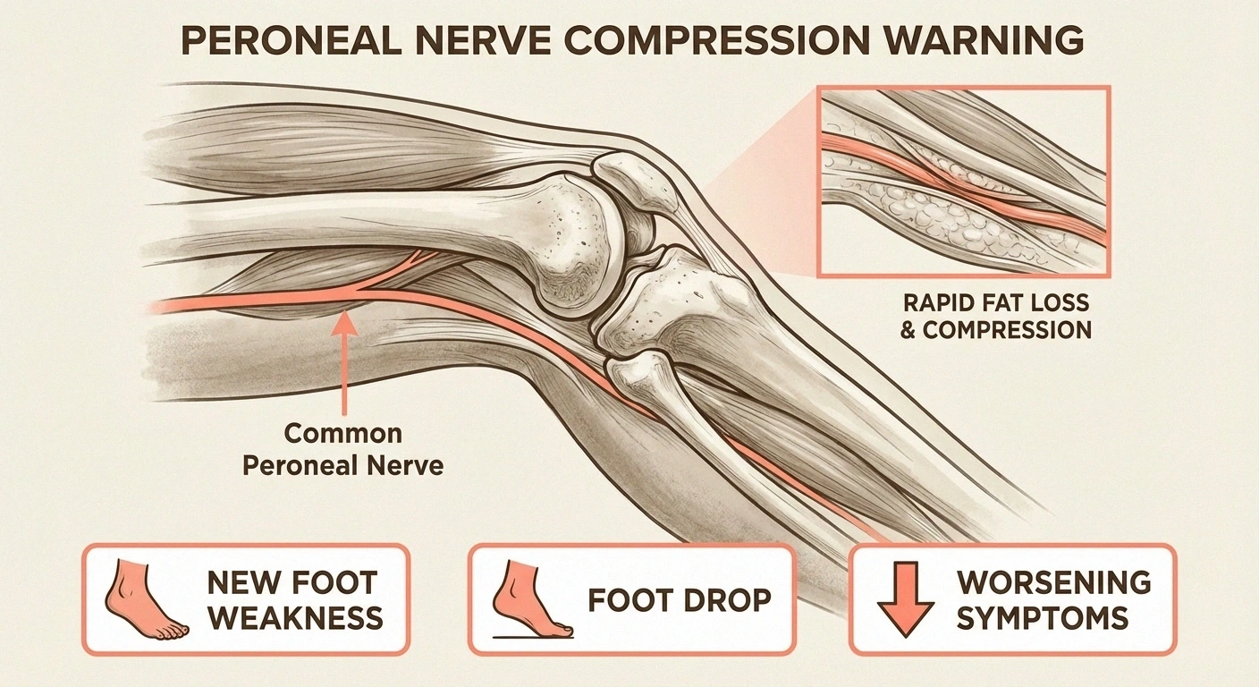 Anatomical illustration showing how rapid weight loss from aggressive fasting can compress the peroneal nerve near the knee causing slimmer's palsy and foot drop