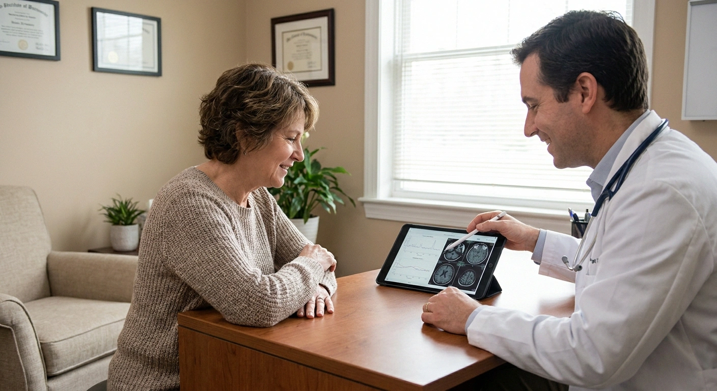 Neurologist consulting with patient about sarcoidosis neuropathy diagnosis and nerve conduction study results