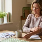 Woman with sarcoidosis managing nerve pain symptoms at home, reflecting on her diagnosis