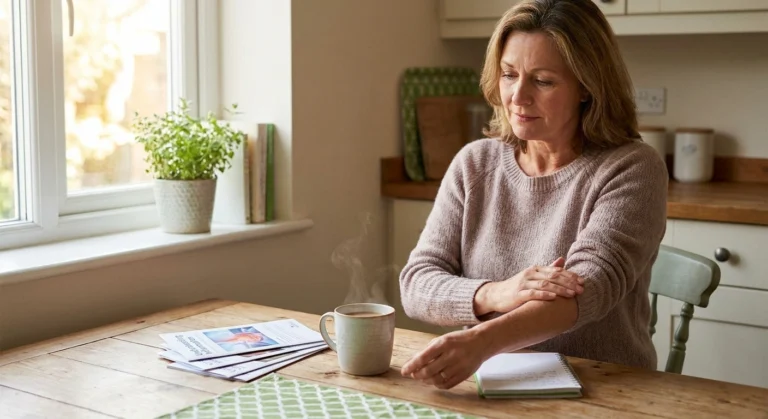 Woman with sarcoidosis managing nerve pain symptoms at home, reflecting on her diagnosis