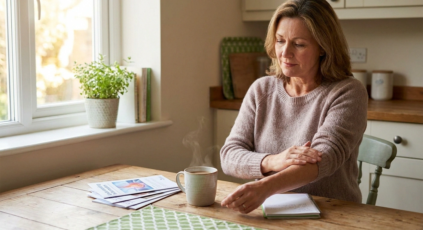 Woman with sarcoidosis managing nerve pain symptoms at home, reflecting on her diagnosis