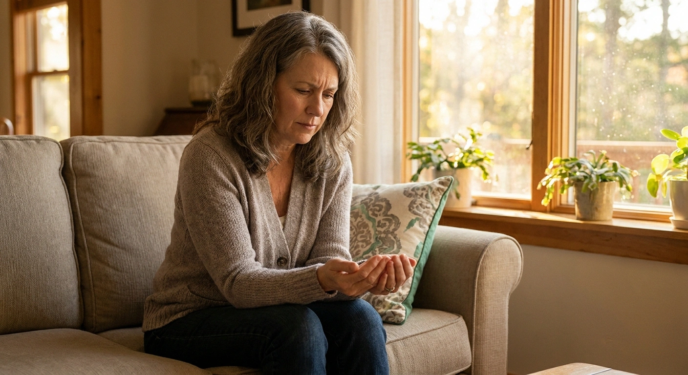 Woman noticing tingling and sensory symptoms of neuropathy in her hands — sarcoidosis nerve pain