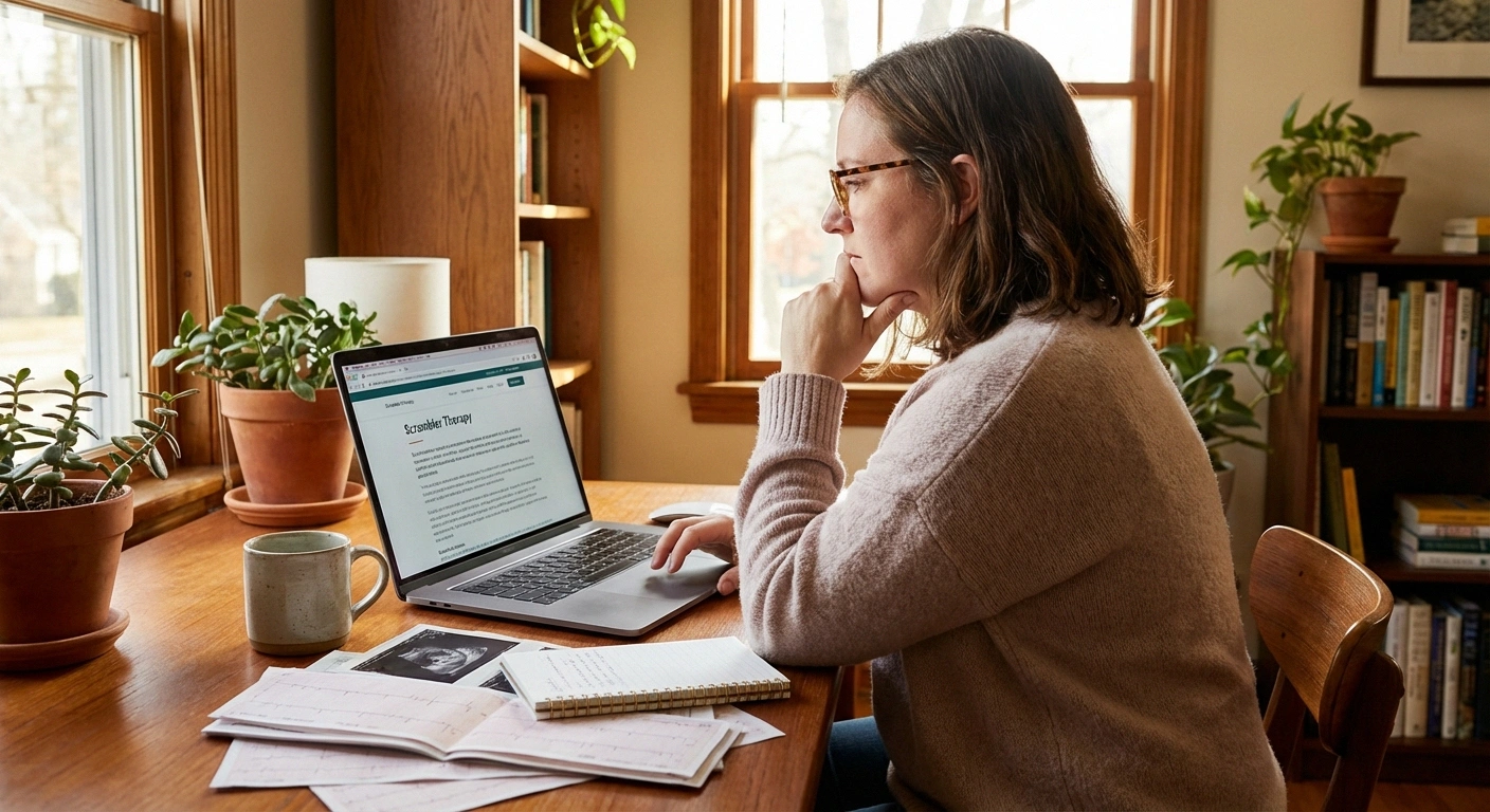 Person researching scrambler therapy treatment options for neuropathy at home