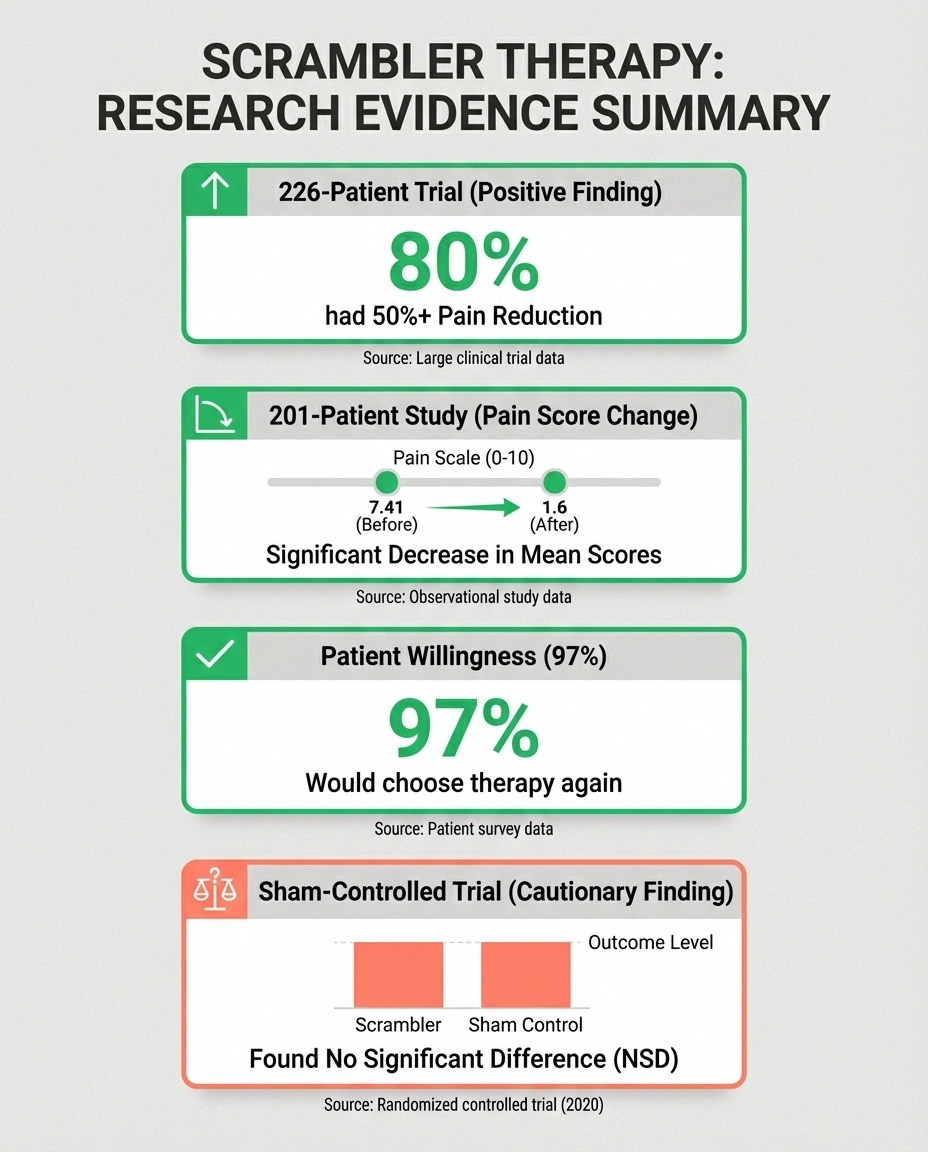 Research evidence summary showing both positive results and cautionary findings for scrambler therapy