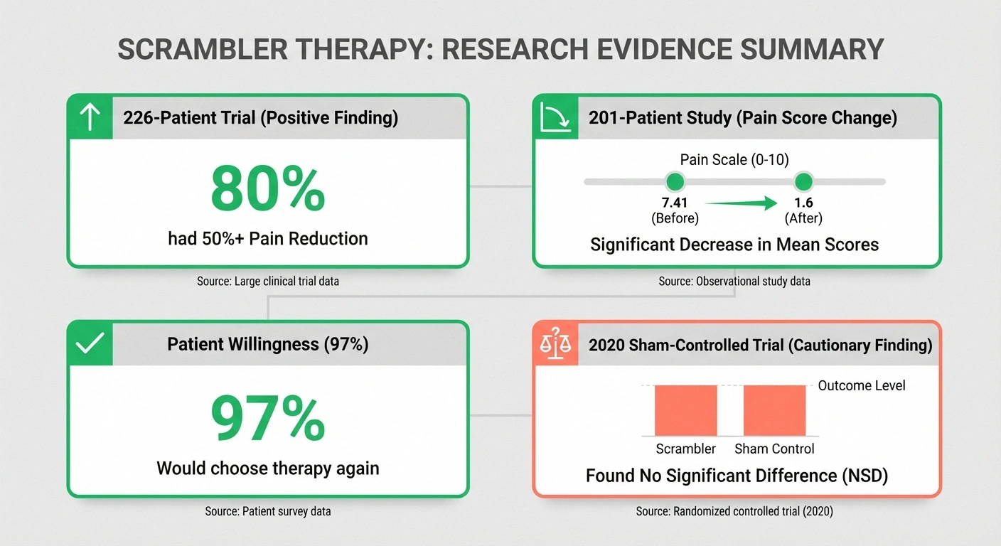 Research evidence summary showing both positive results and cautionary findings for scrambler therapy