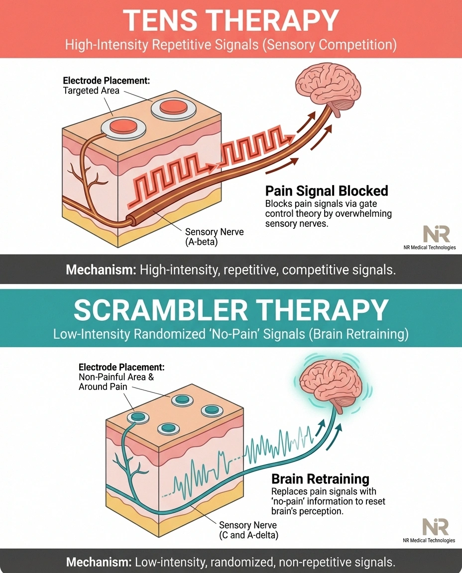 Comparison diagram showing how scrambler therapy works differently from TENS for neuropathy pain