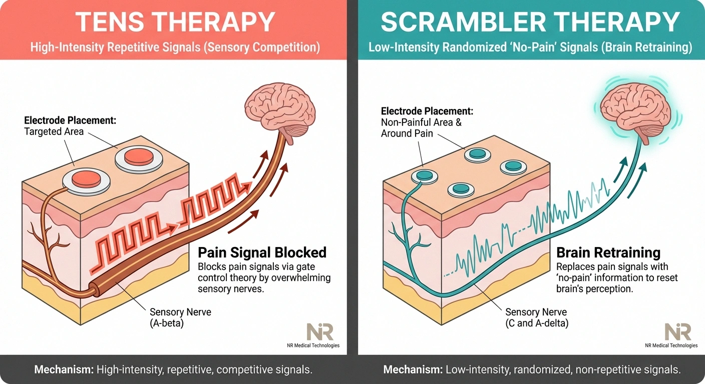 Comparison diagram showing how scrambler therapy works differently from TENS for neuropathy pain