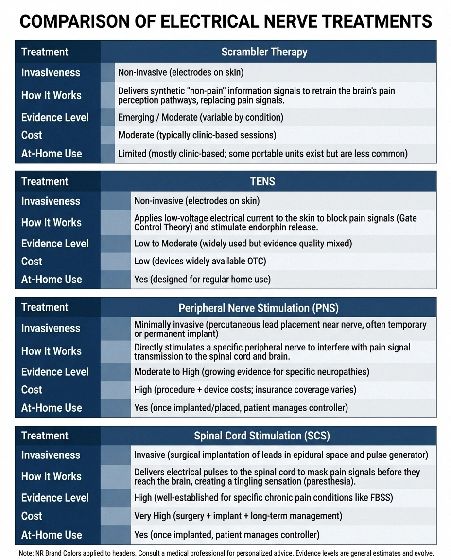 Comparison of scrambler therapy versus TENS, peripheral nerve stimulation, and spinal cord stimulation