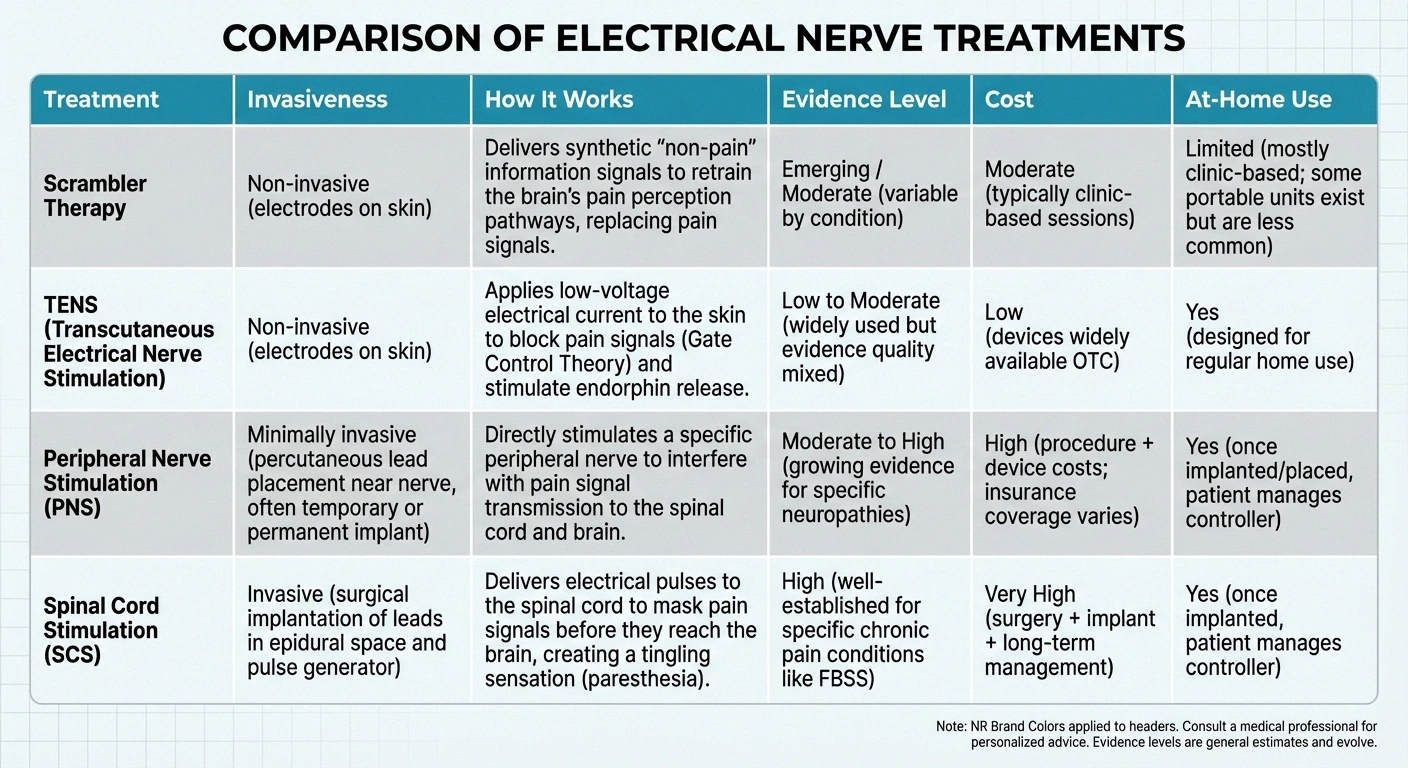 Comparison of scrambler therapy versus TENS, peripheral nerve stimulation, and spinal cord stimulation