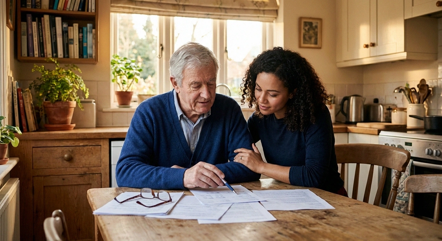 Older adult reviewing spinal cord stimulation information with a family member at home representing the careful, informed decision-making process recommended before SCS