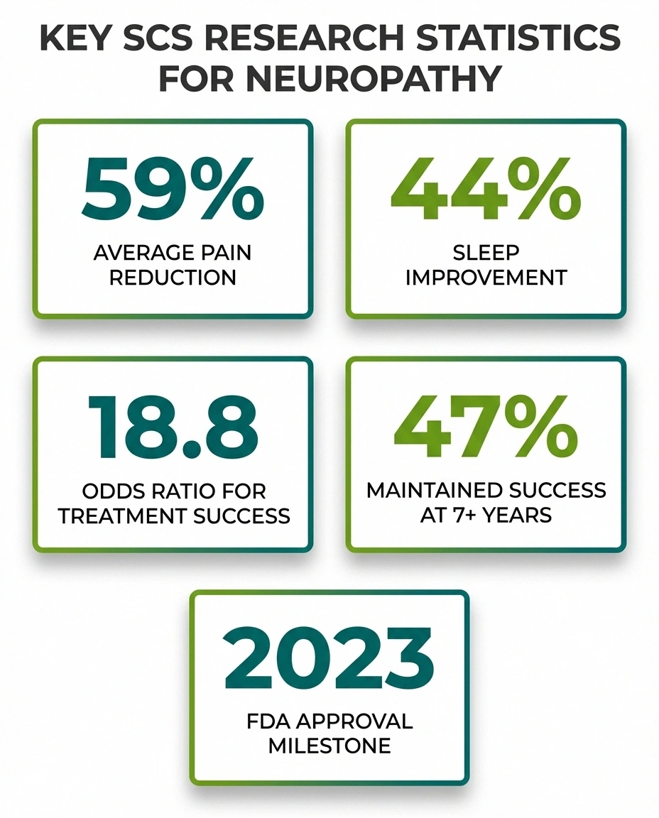 Key research statistics for spinal cord stimulation in neuropathy showing 59 percent pain reduction, 44 percent sleep improvement, and 47 percent long-term success rate