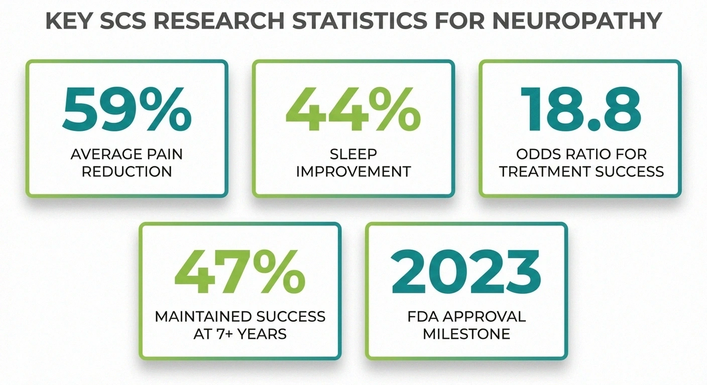 Key research statistics for spinal cord stimulation in neuropathy showing 59 percent pain reduction, 44 percent sleep improvement, and 47 percent long-term success rate