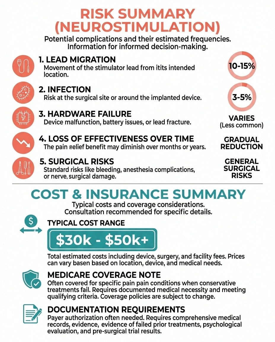 Infographic summarizing spinal cord stimulation risks including lead migration and infection rates alongside cost and insurance coverage information for neuropathy patients