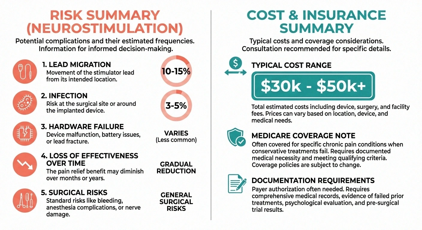Infographic summarizing spinal cord stimulation risks including lead migration and infection rates alongside cost and insurance coverage information for neuropathy patients
