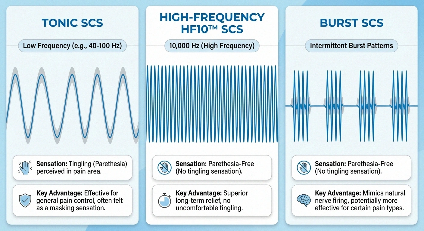 Comparison of three types of spinal cord stimulation showing tonic, high-frequency HF10, and burst stimulation patterns and their different characteristics
