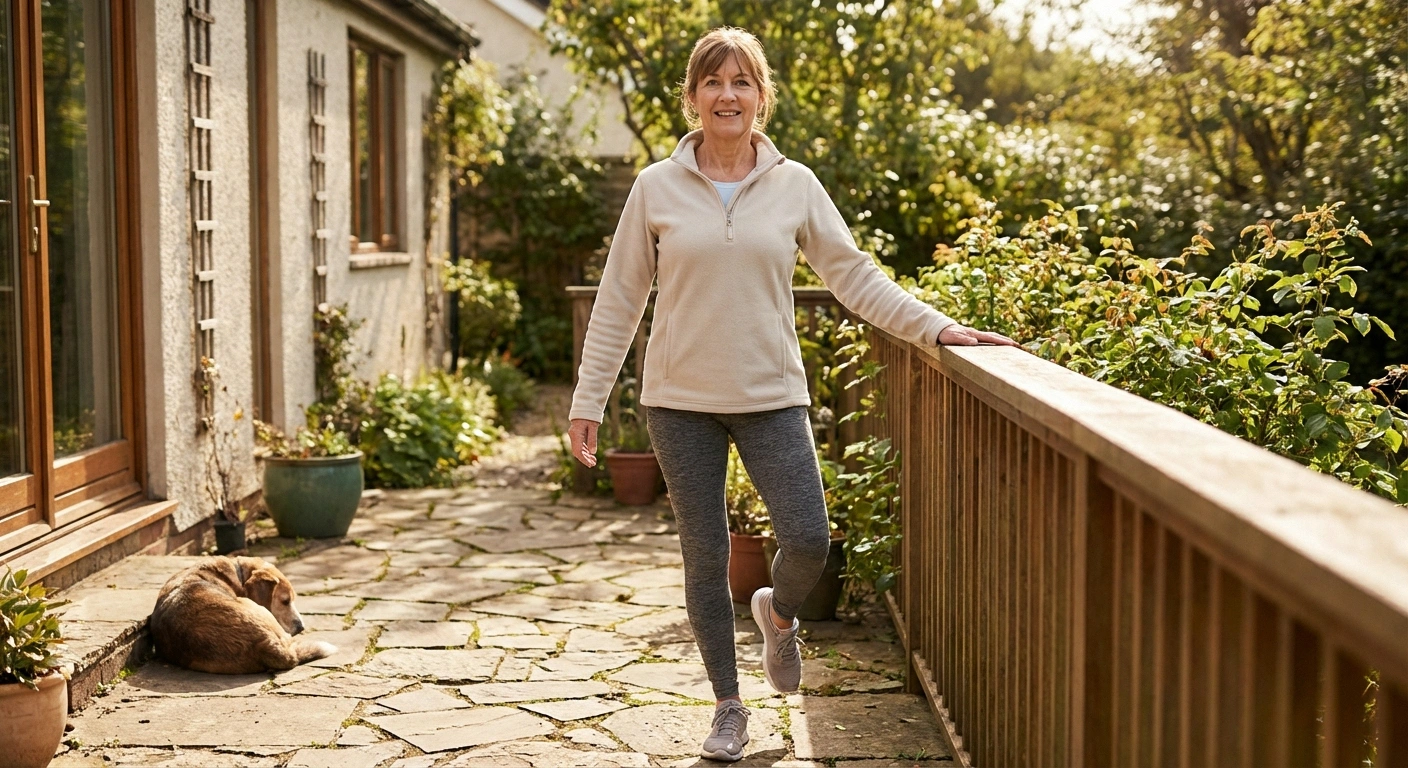 Woman practicing balance exercise representing living with Sjögren's syndrome neuropathy and staying active