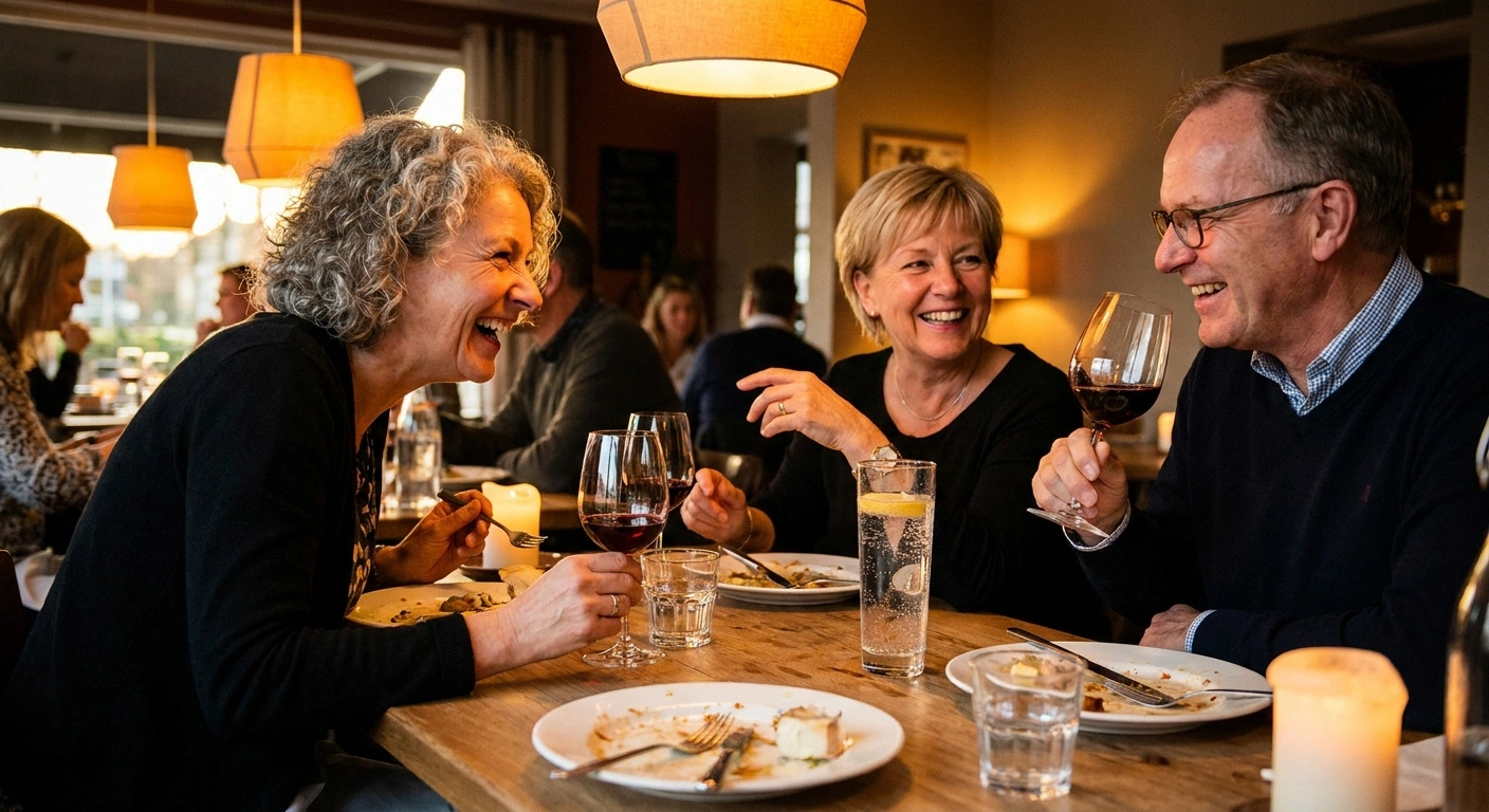 Friends with neuropathy enjoying social restaurant dinner together laughing and connecting