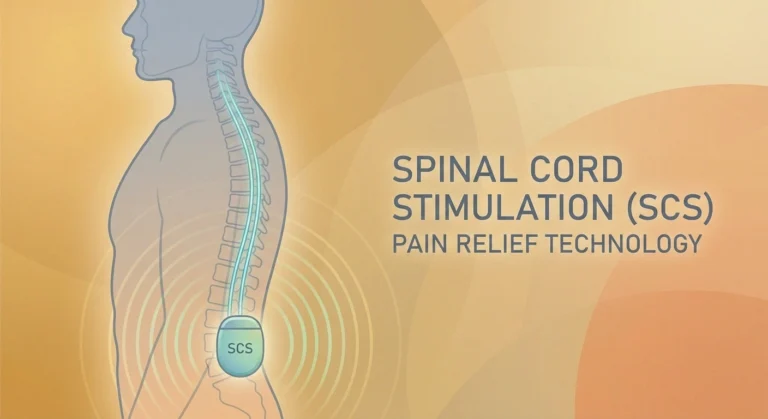 Illustration of a spinal cord stimulation device implanted near the spine for neuropathy pain relief showing the pulse generator and electrode leads