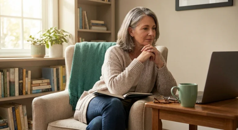 Woman researching stem cell therapy for neuropathy on laptop with careful consideration
