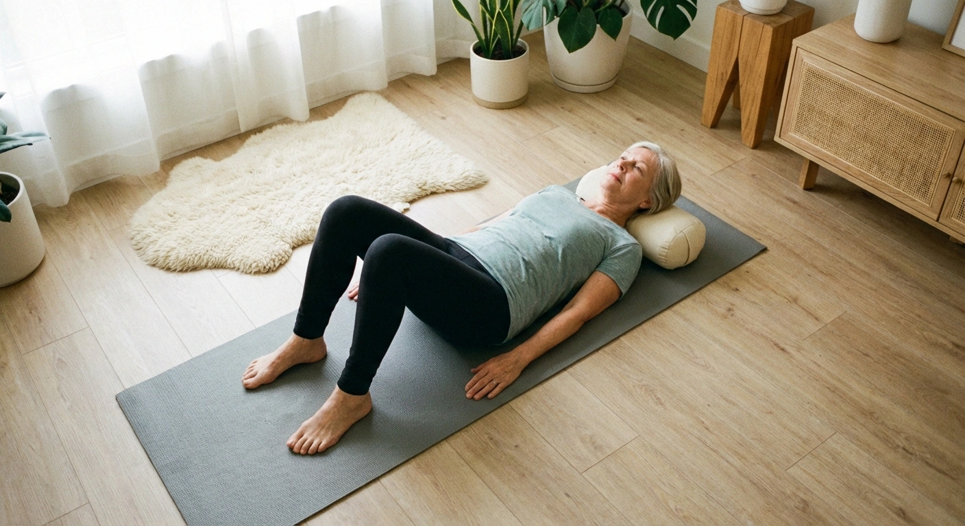 Woman performing pelvic tilt core exercise on yoga mat for neuropathy core strengthening