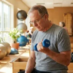 Older man performing seated dumbbell curl for neuropathy strength training in bright gym setting
