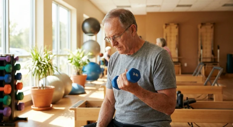 Older man performing seated dumbbell curl for neuropathy strength training in bright gym setting