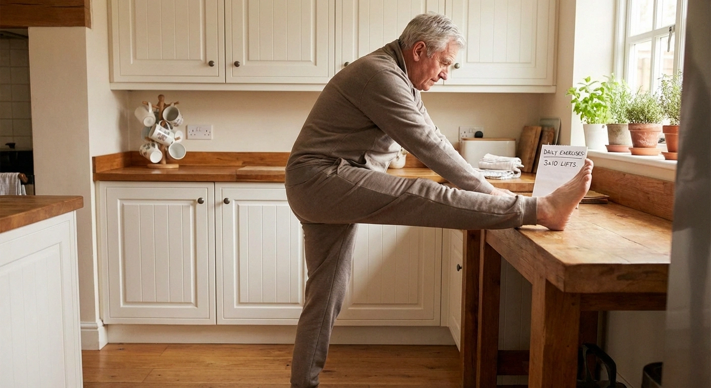 Older man performing standing hip abduction exercise using kitchen counter for support in neuropathy strength training