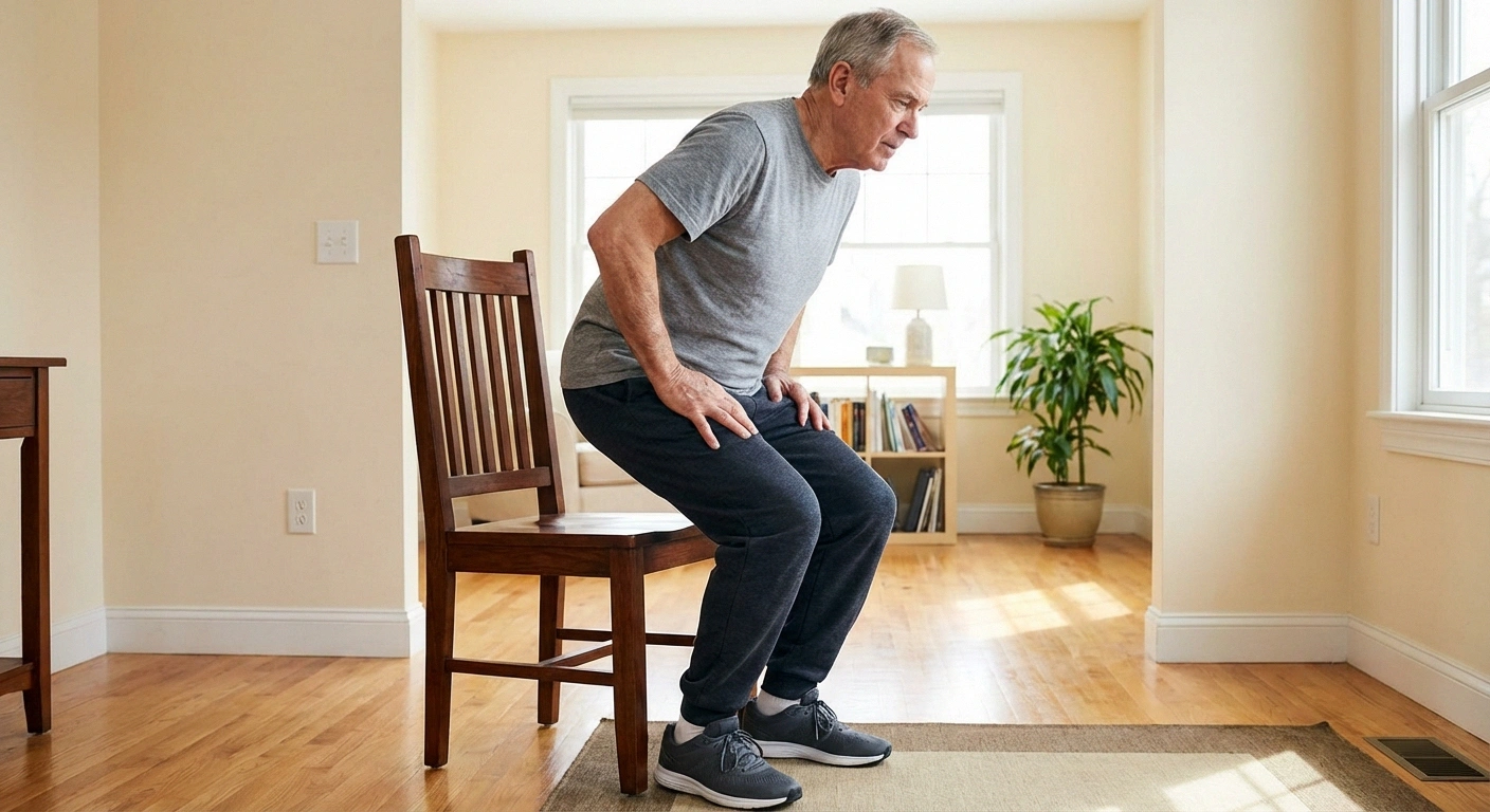 Older man demonstrating chair squat sit-to-stand exercise for lower body neuropathy strength training