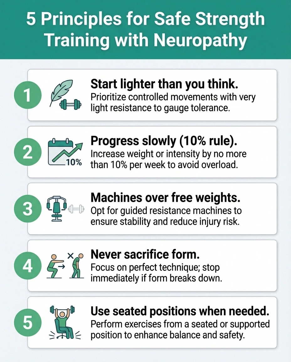 Infographic showing five safety principles for strength training with peripheral neuropathy