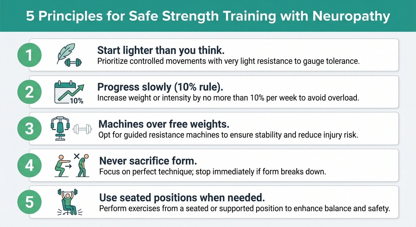 Infographic showing five safety principles for strength training with peripheral neuropathy