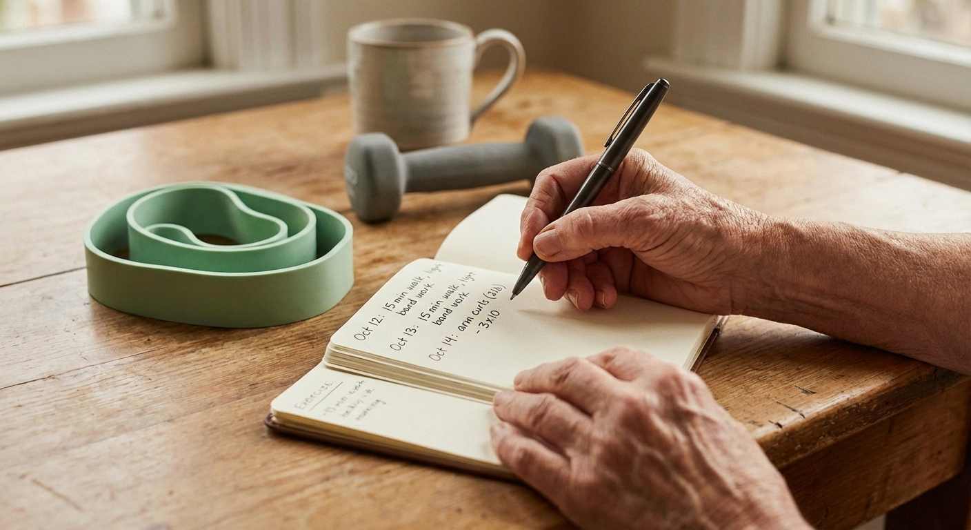 Older person tracking neuropathy exercise progress in a journal next to resistance band and light dumbbell