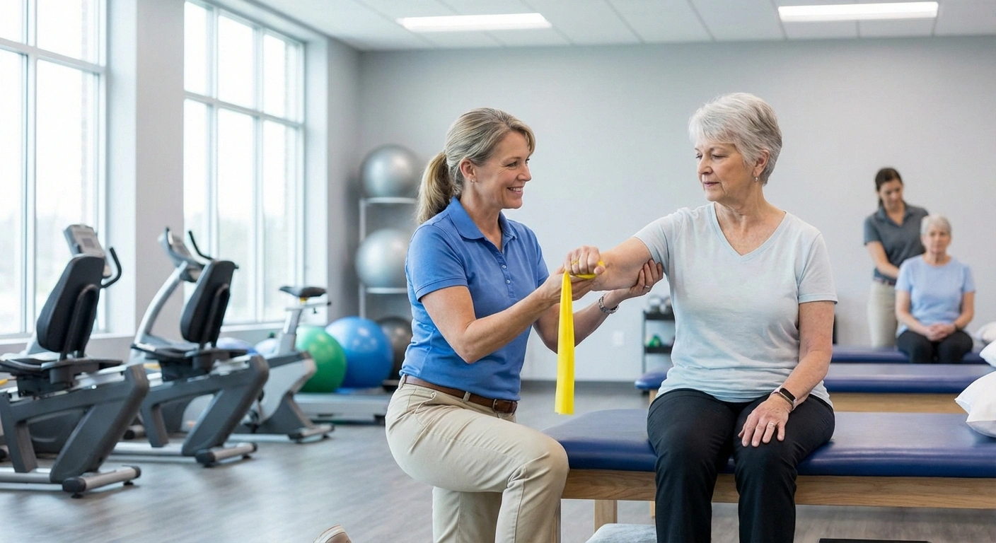 Physical therapist guiding older woman through resistance band exercise in neuropathy rehabilitation session