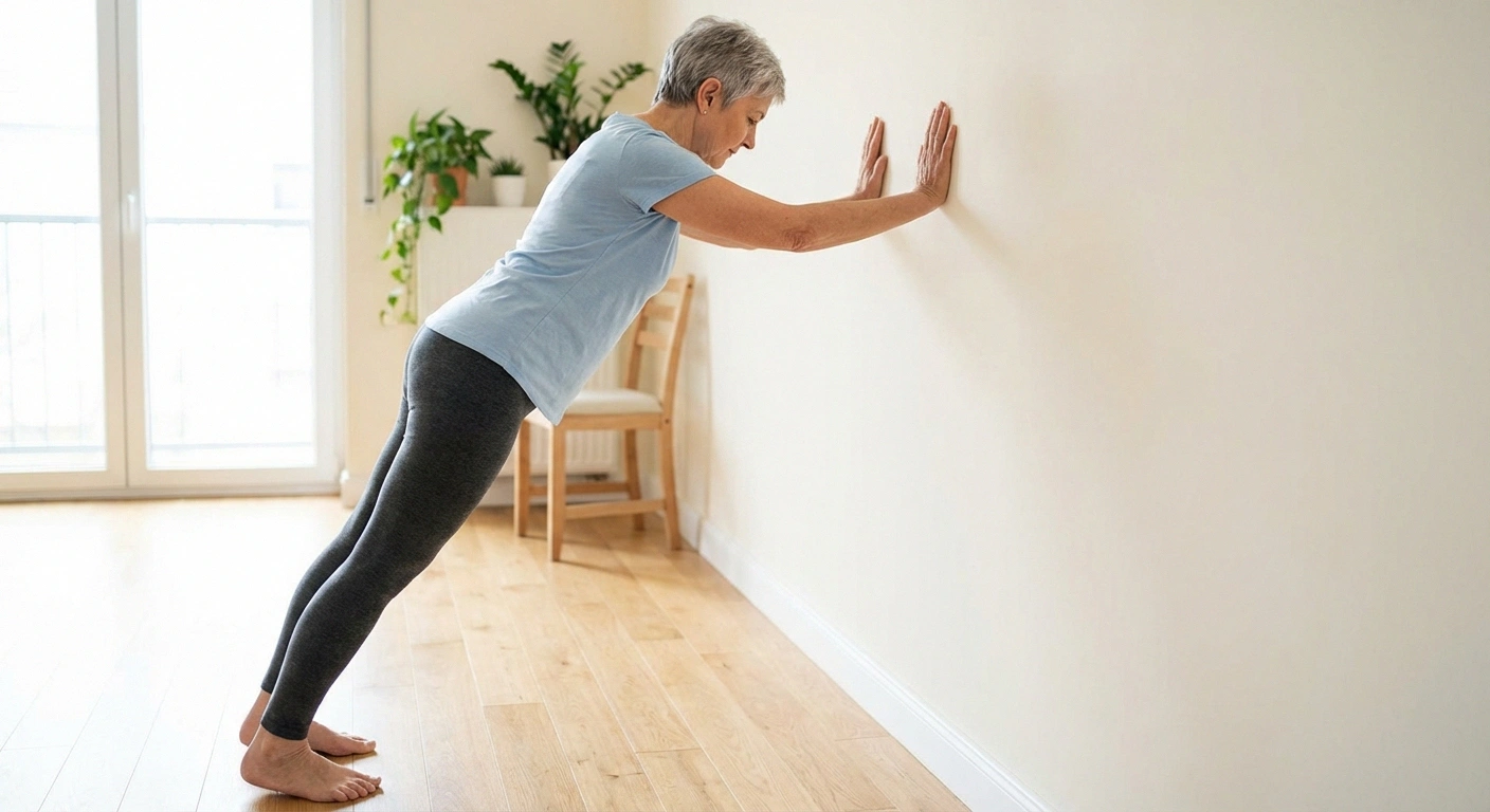 Older woman demonstrating proper wall push-up form for neuropathy-safe upper body strength training