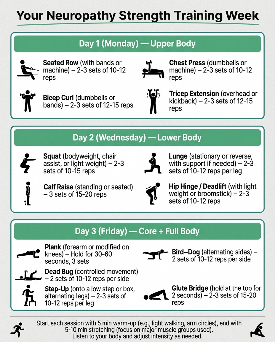 Infographic showing three day weekly strength training routine for people with neuropathy