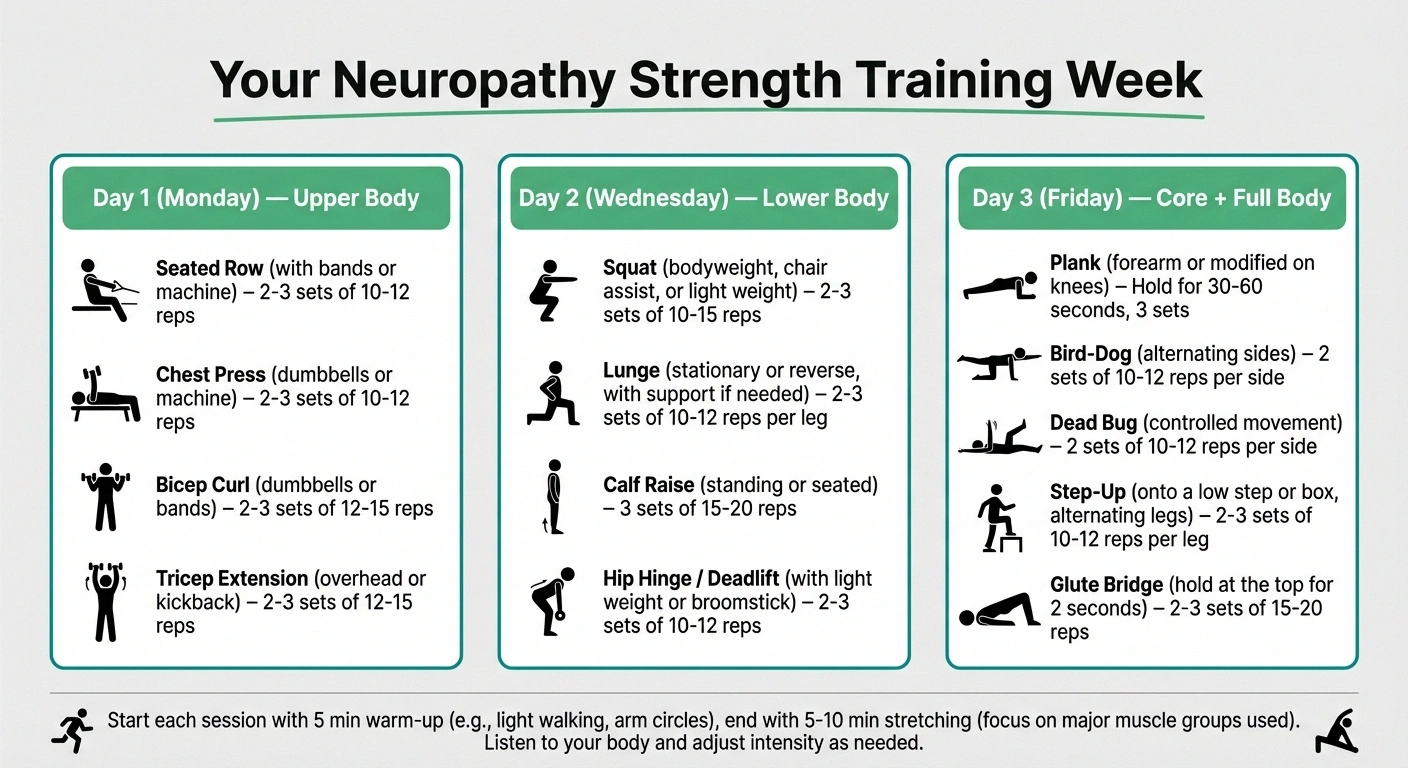 Infographic showing three day weekly strength training routine for people with neuropathy